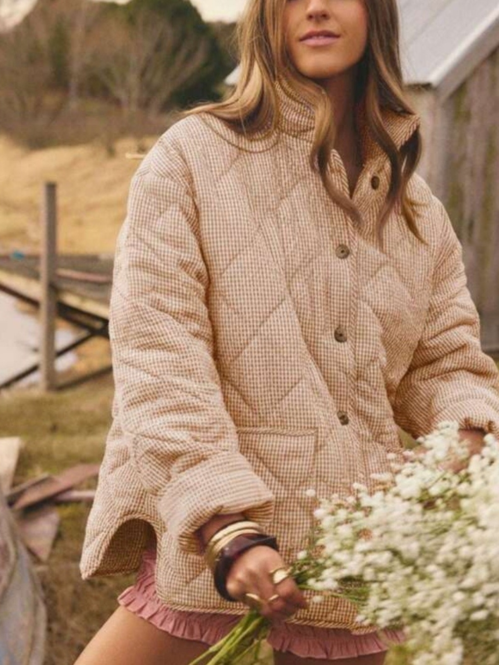 Gingham Drop Shoulder Quilted Jacket